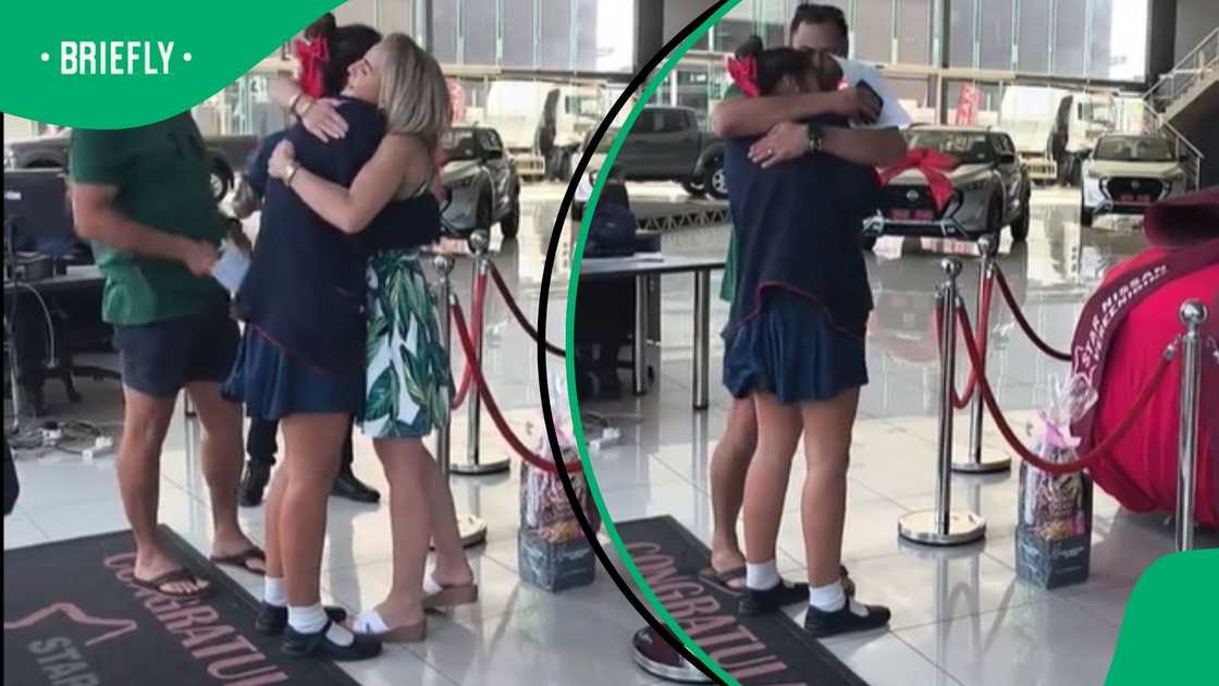 Daughter cries as she receives a brand-new car from her parents. Daughter cries as she receives a brand-new car from her parents.