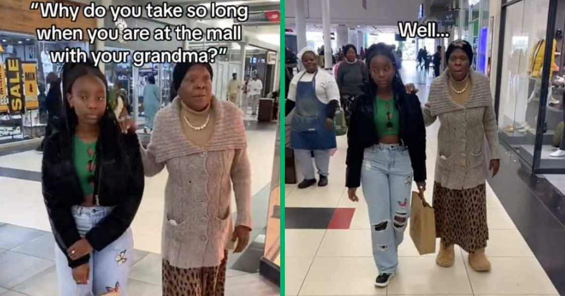 The old lady walks with her granddaughter The old lady walks with her granddaughter