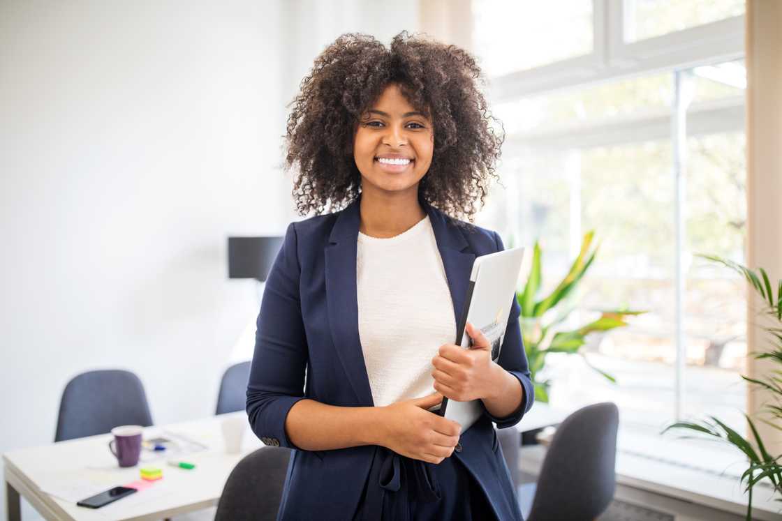 A relaxed woman in an office