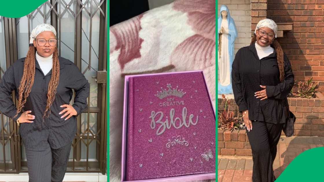Woman showcases creative bible bought on Takealot Woman showcases creative bible bought on Takealot