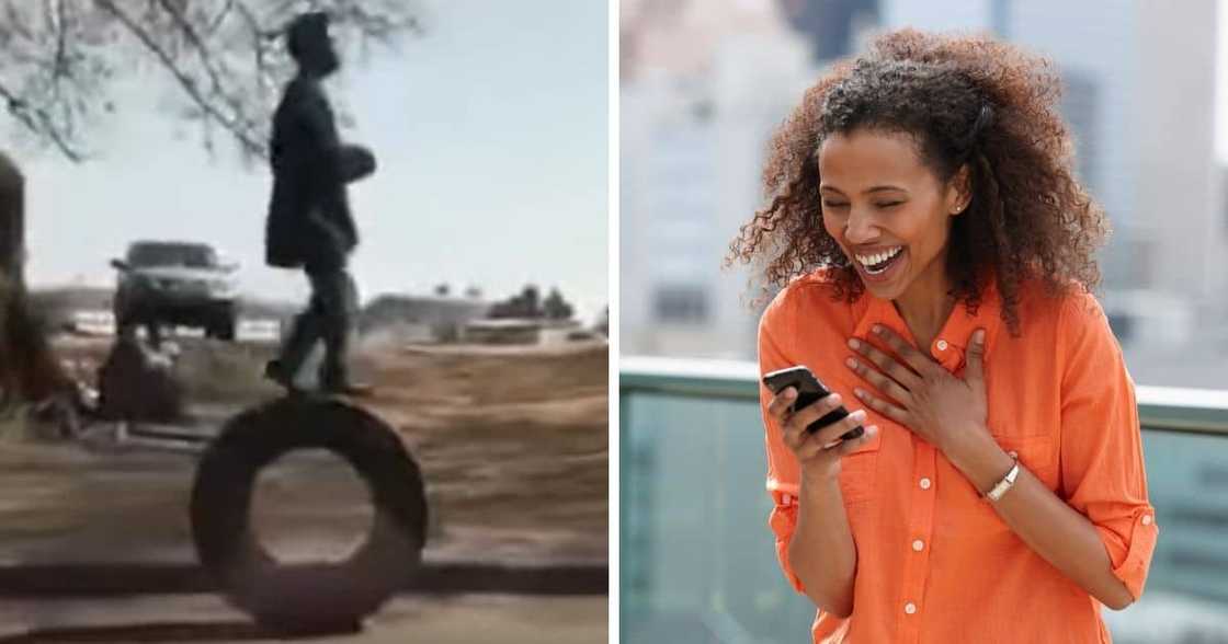 Hilarious Video of Man Walking on a Moving Tyre to Save Fuel has South Africans Dying: Mzansi Can't Deal Hilarious Video of Man Walking on a Moving Tyre to Save Fuel has South Africans Dying: Mzansi Can't Deal