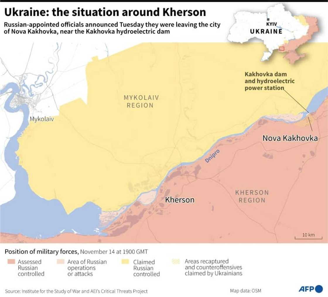 Map showing the Ukrainian city of Kherson and the surrounding region