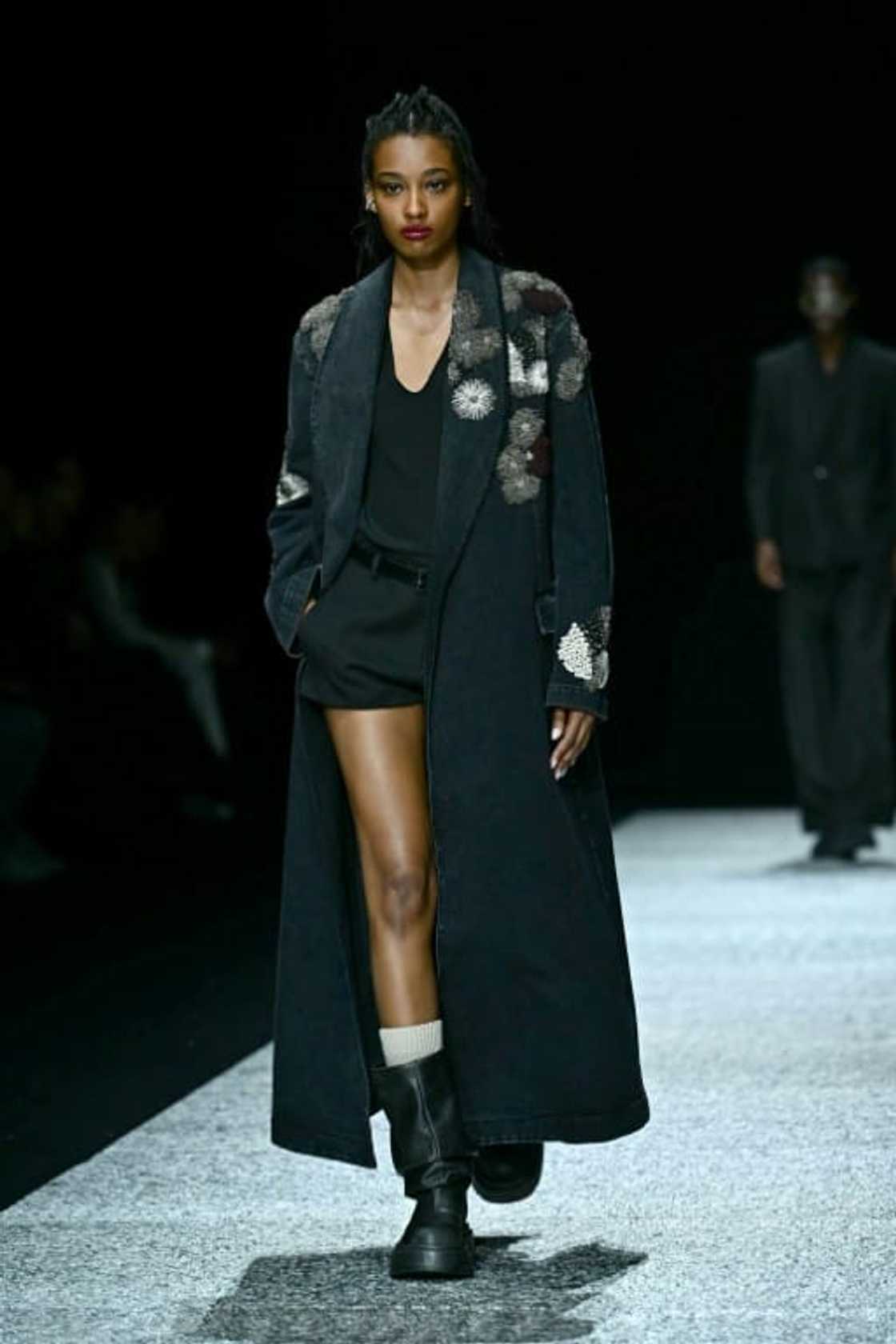 Mini-shorts were a feature of the lady's collection by Giorgio Armani Mini-shorts were a feature of the lady's collection by Giorgio Armani