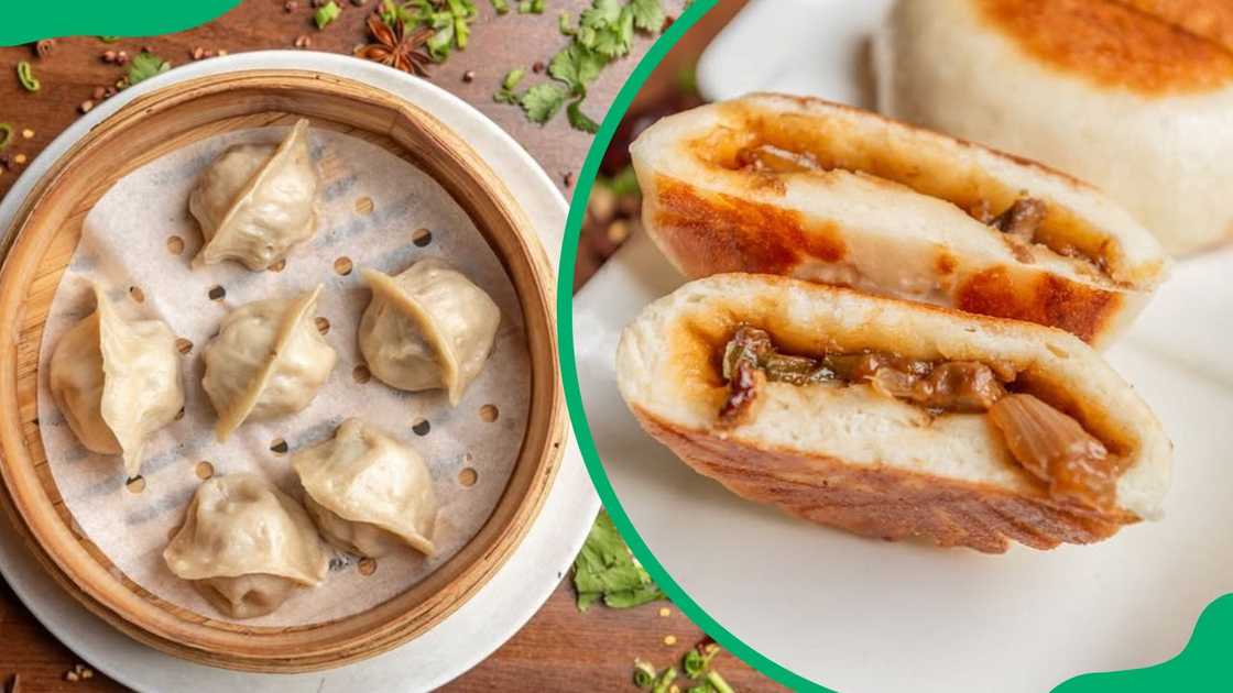 Steamed Dumplings (L).Pan-fried Peking Duck Bun (R)