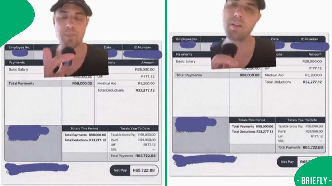 The screenshot on the right showed the pay slip breakdown, including the deductions The screenshot on the right showed the pay slip breakdown, including the deductions