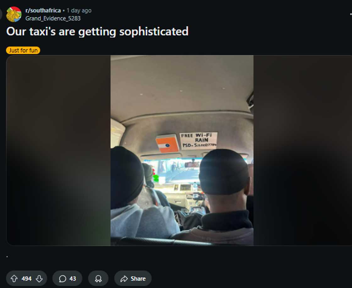 A South African taxi went viral after a passenger shared a photo showing free Wi-Fi