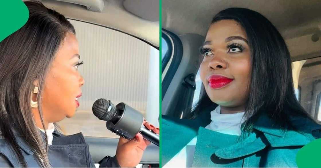 Woman uses a karaoke mic to check an Isuzu driver.