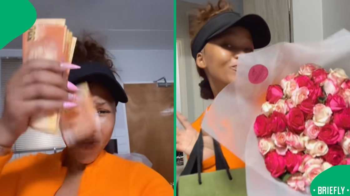 The visual on the right showed the woman holding a bouquet The visual on the right showed the woman holding a bouquet