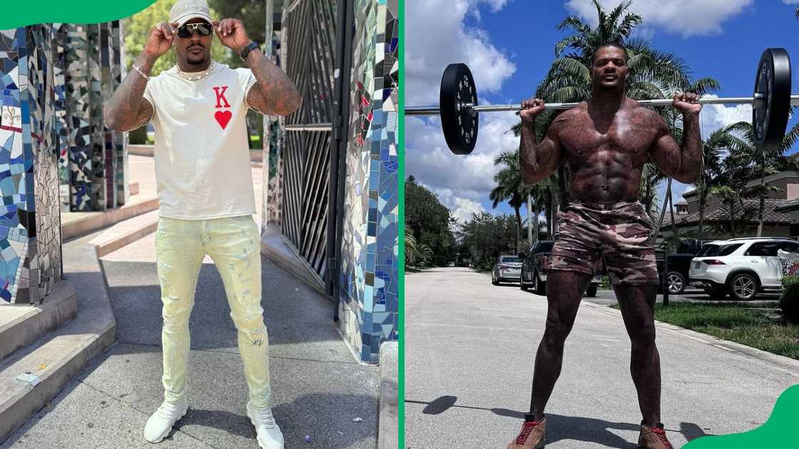 Jason Luv lifting a weight and posing for a photo on the street Jason Luv lifting a weight and posing for a photo on the street