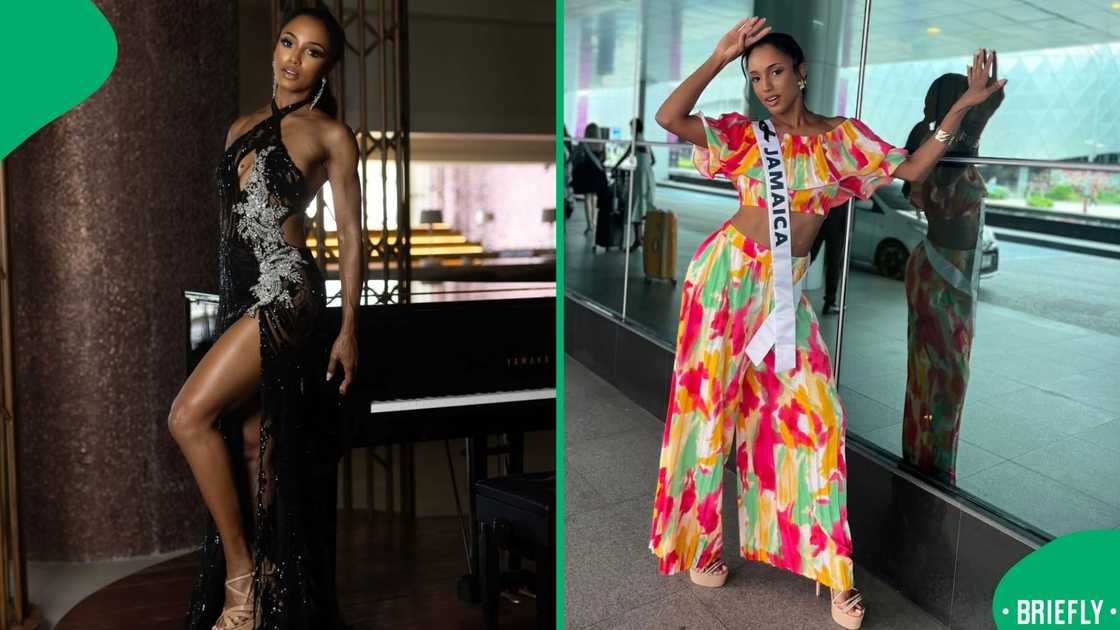 Miss Jamaica posed with her sash at an airport