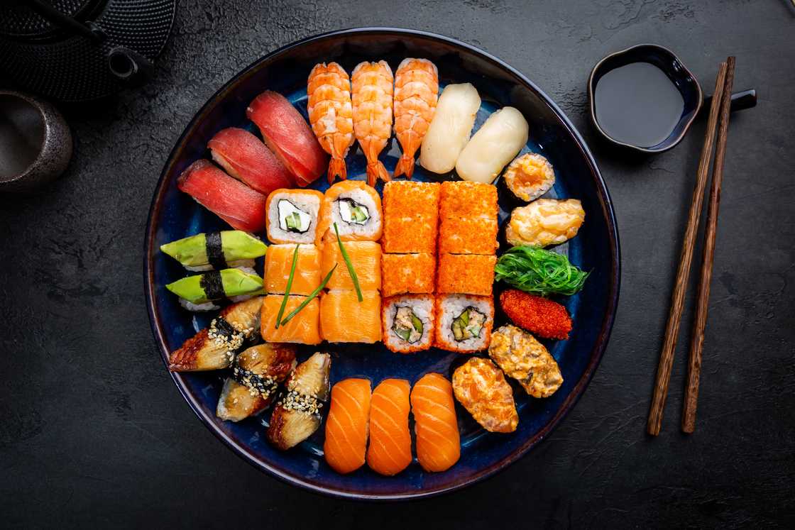 Sushi and maki with soy sauce Sushi and maki with soy sauce