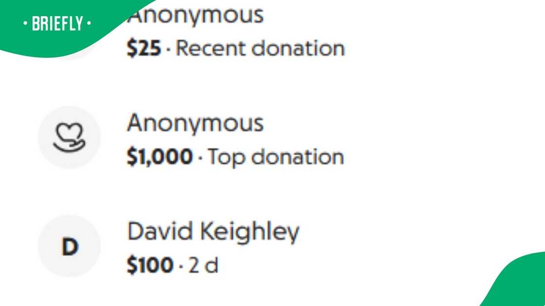 The image captured a recent activity feed from an online fundraising page showing monetary gifts from various donors