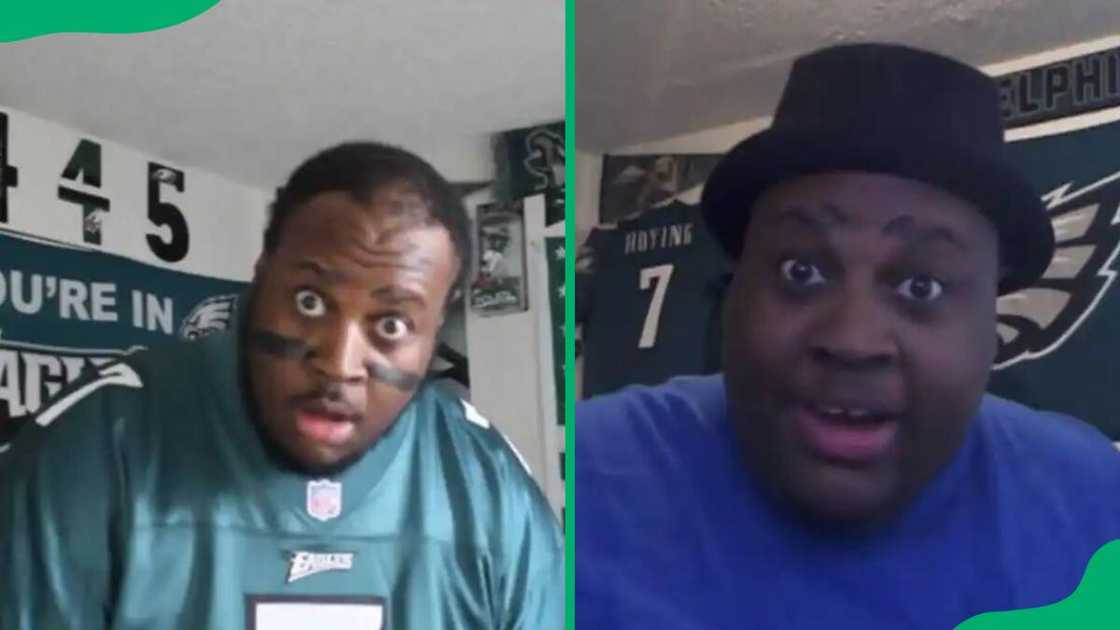 EDP445 in Philadelphia Eagles jersey (L) and a blue normal shirt (R) looking surprised EDP445 in Philadelphia Eagles jersey (L) and a blue normal shirt (R) looking surprised