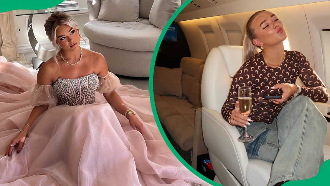 Katie Sigmond posing in a pink dress (L). The TikTok star posing with a glass in her hand (R).