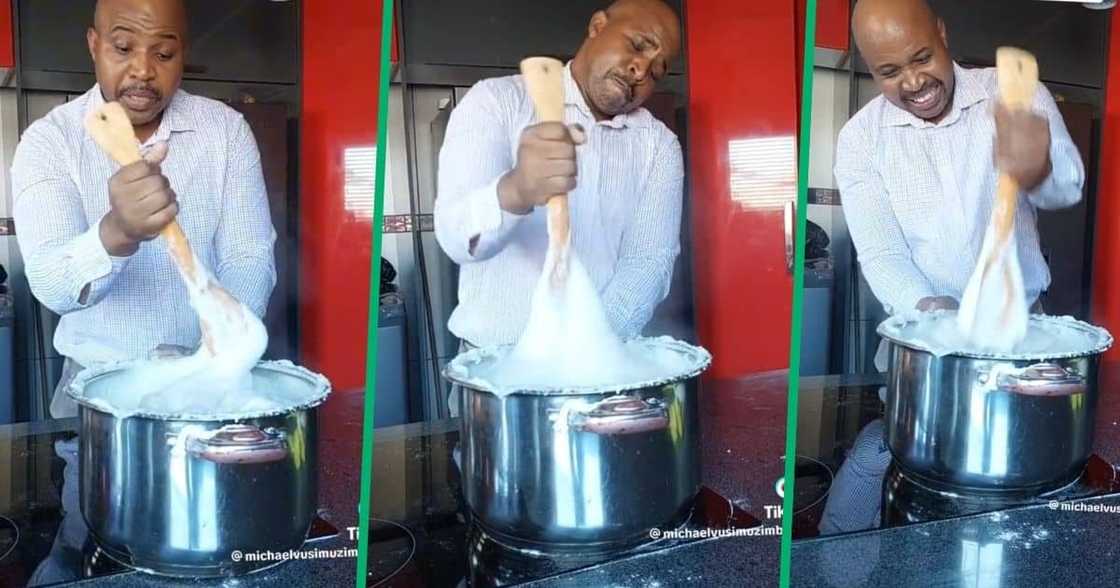 A man demonstrated how to cook pap A man demonstrated how to cook pap