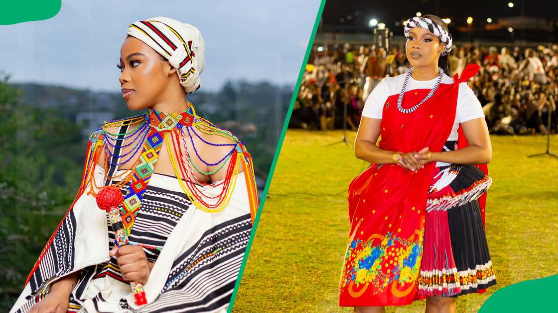 Kwezi Ndlovu wearing different traditional outfits during her wedding (L) and during an event (R).