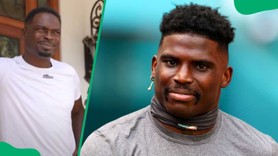 Derrick Shaw staring at the car his son bought him in 2022 (L). Tyreek Hill at a 2023 game against the New England Patriots (R) Derrick Shaw staring at the car his son bought him in 2022 (L). Tyreek Hill at a 2023 game against the New England Patriots (R)