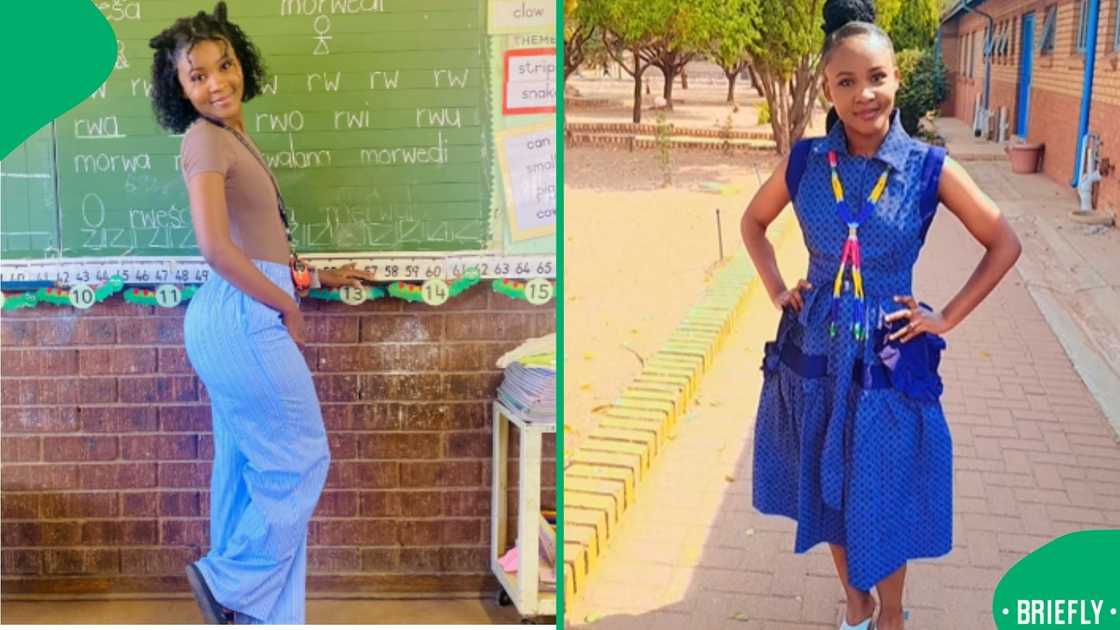 The visual on the right showed teacher Dineo posing outside the class, wearing a blue traditional dress The visual on the right showed teacher Dineo posing outside the class, wearing a blue traditional dress