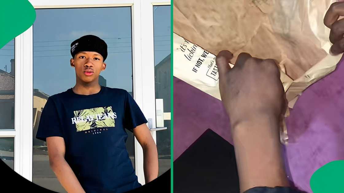 A young man used KFC packaging to wrap his school books. A young man used KFC packaging to wrap his school books.