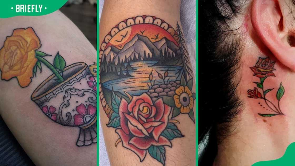Cup flower (L), girly frame rose (C), and behind-the-ear flower tattoos (R) Cup flower (L), girly frame rose (C), and behind-the-ear flower tattoos (R)