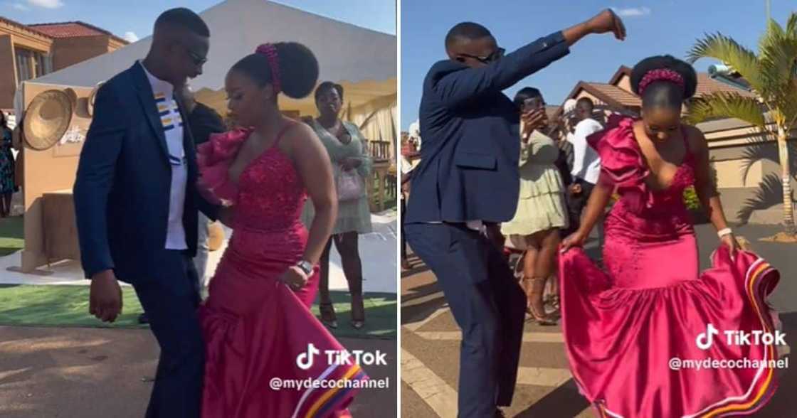 Husband hypes up bride at traditional wedding.