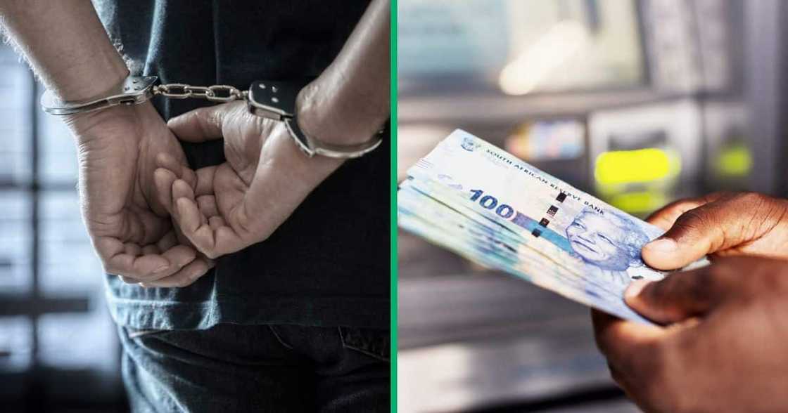 A collage image of a man in handcuffs and a man holding money at an ATM A collage image of a man in handcuffs and a man holding money at an ATM