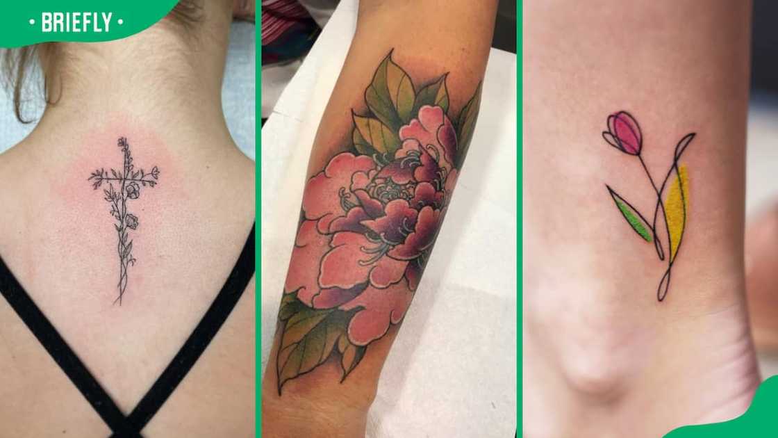 Cross flower (L), Japanese (C), and minimalist flower tattoos (R) Cross flower (L), Japanese (C), and minimalist flower tattoos (R)