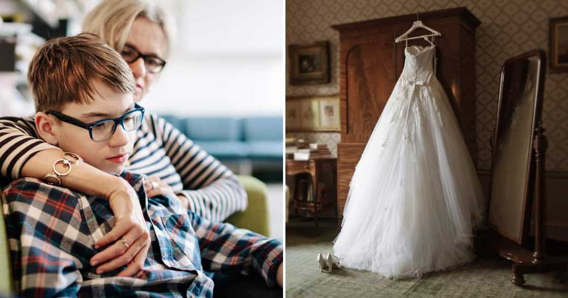 A mother and son, and a wedding dress