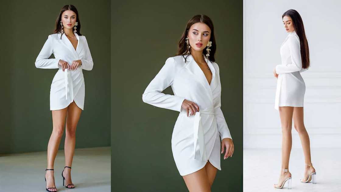 Long-sleeved wrap gown with long puffed sleeves and notched lapels Long-sleeved wrap gown with long puffed sleeves and notched lapels
