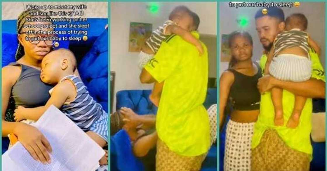 Nigerian man gushes over wife who slept off while babysitting and studying