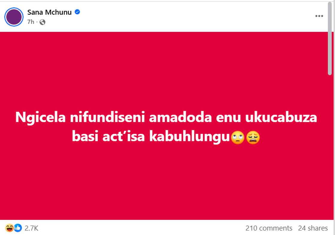 Sana Mchunu said people should teach their men how to kiss. Sana Mchunu said people should teach their men how to kiss.