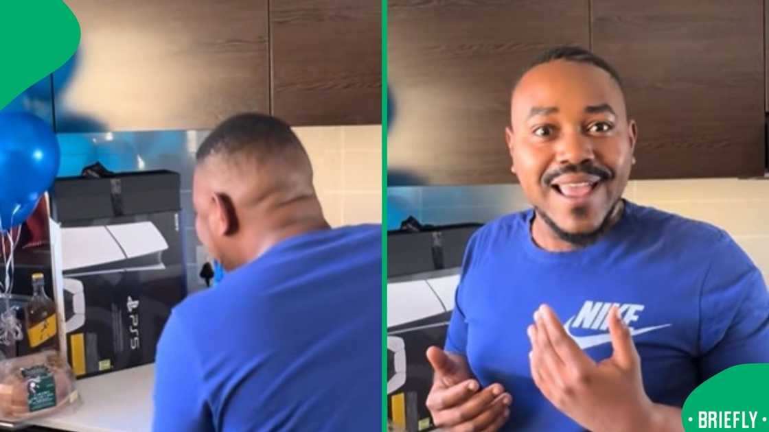The visual on the right showed the same man smiling excitedly while wearing a blue shirt, seemingly reacting to the surprise