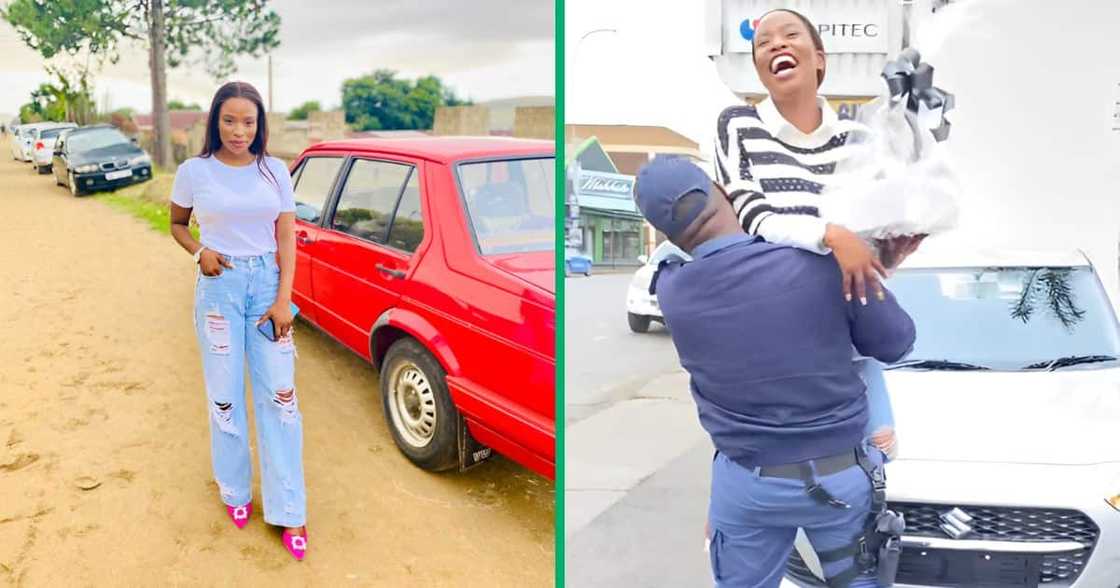 A SAPS cop was overjoyed to see his friend with her new car A SAPS cop was overjoyed to see his friend with her new car