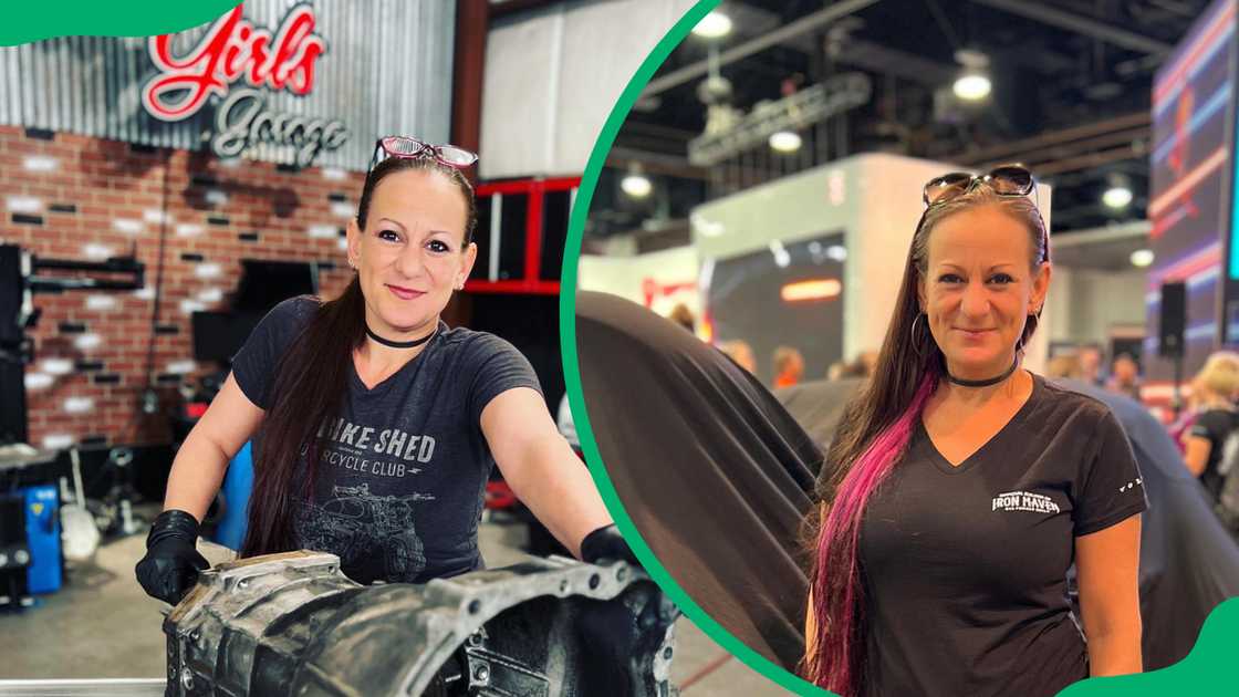 Bogi Lateiner is pictured in black tees (L and R) in the All Girls garage Bogi Lateiner is pictured in black tees (L and R) in the All Girls garage