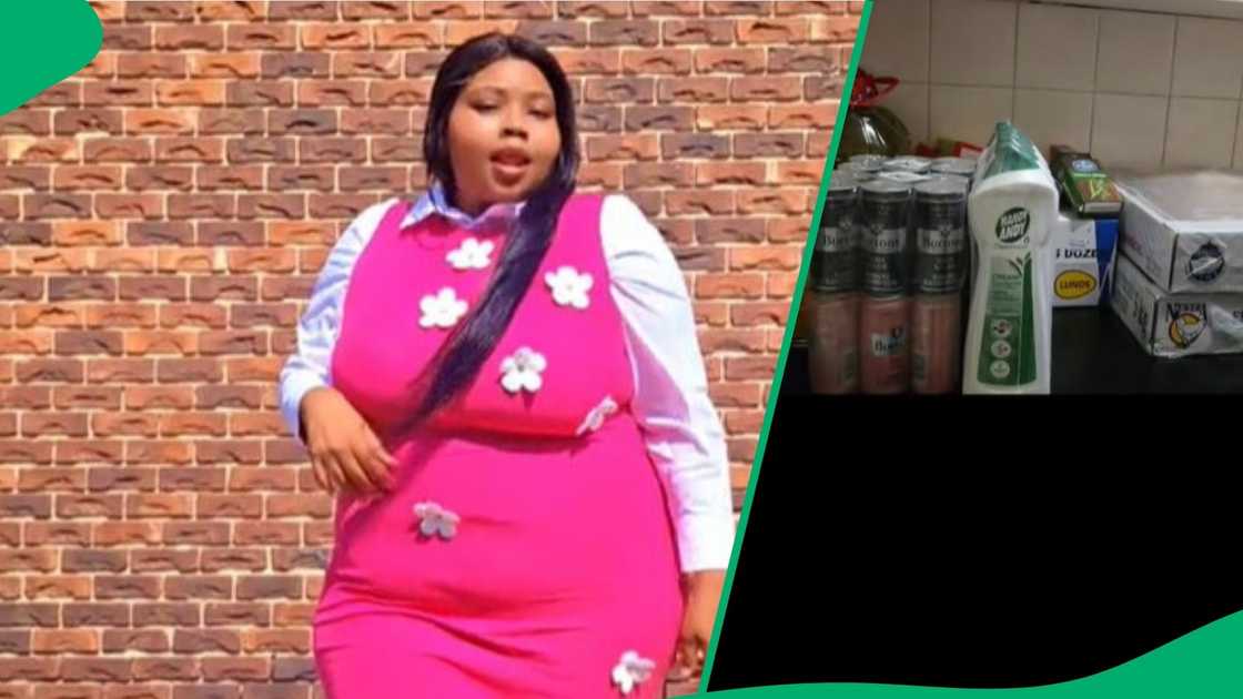 A woman showed her stokvel's Makro groceries