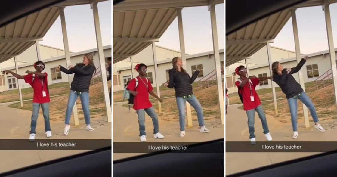 Teacher and student doing a Soulja Boy dance Teacher and student doing a Soulja Boy dance