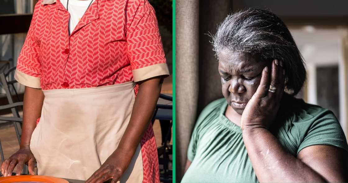 Picture of a domestic worker in South Africa and a distressed elderly woman Picture of a domestic worker in South Africa and a distressed elderly woman