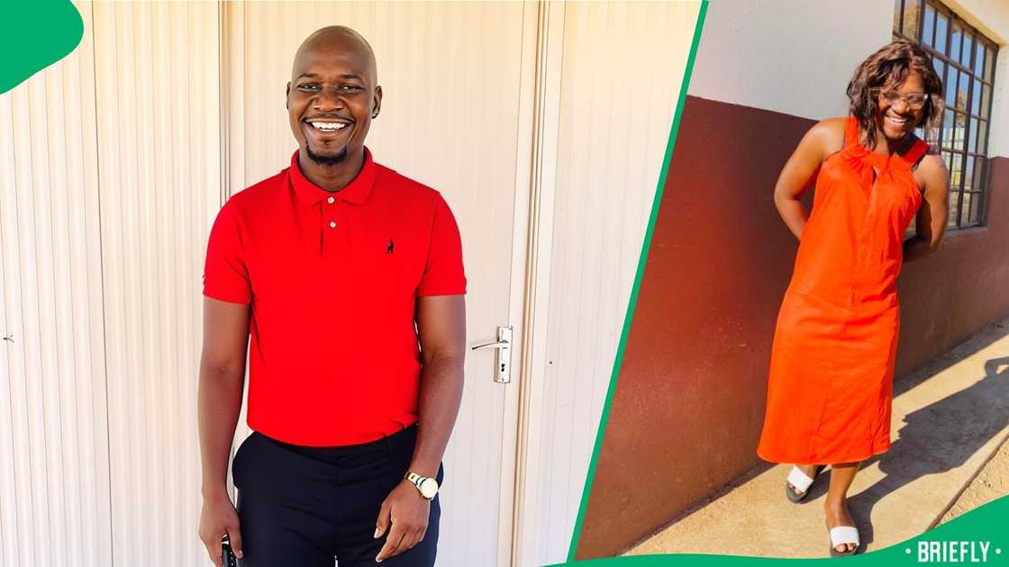 The teacher wore an orange dress and walked around the school field showing off his attire The teacher wore an orange dress and walked around the school field showing off his attire