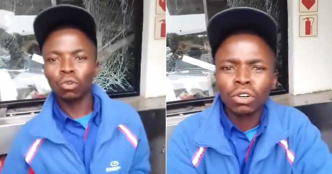 Engen petrol attendant tries to explain service station wreckage Engen petrol attendant tries to explain service station wreckage