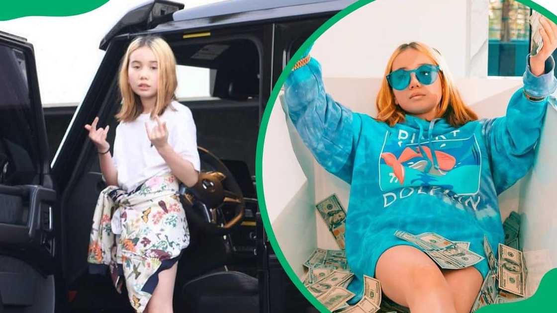 Lil Tay showing off her luxurious ride (L). The internet personality wearing a branded hoodie (R) Lil Tay showing off her luxurious ride (L). The internet personality wearing a branded hoodie (R)