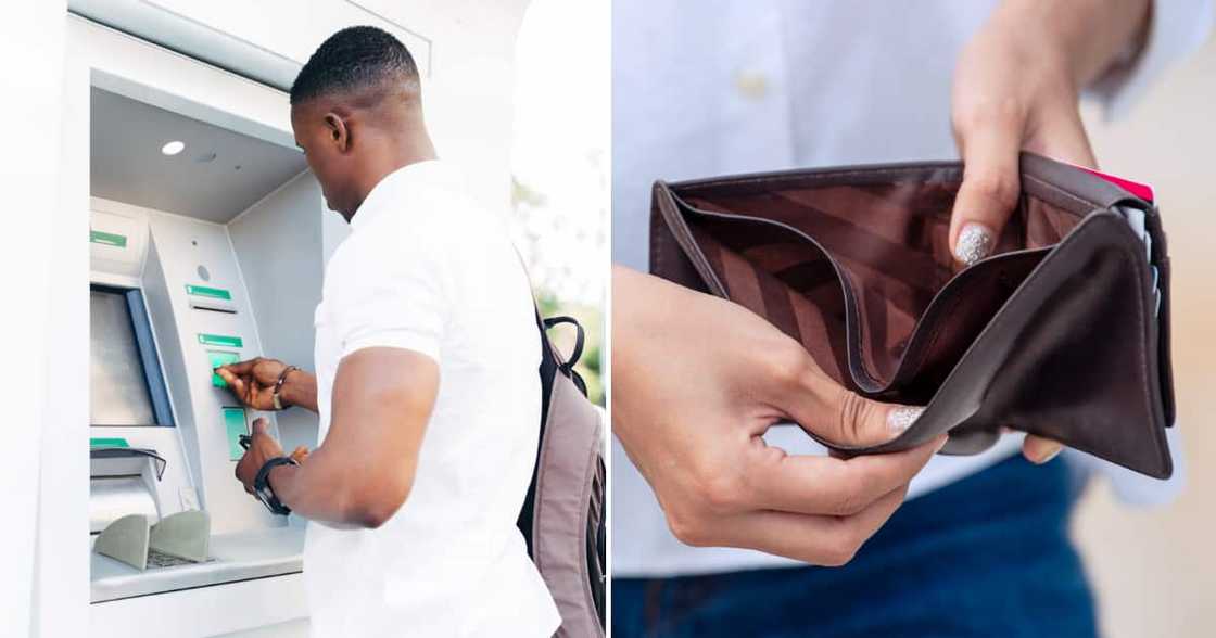 Man at ATM and empty wallet