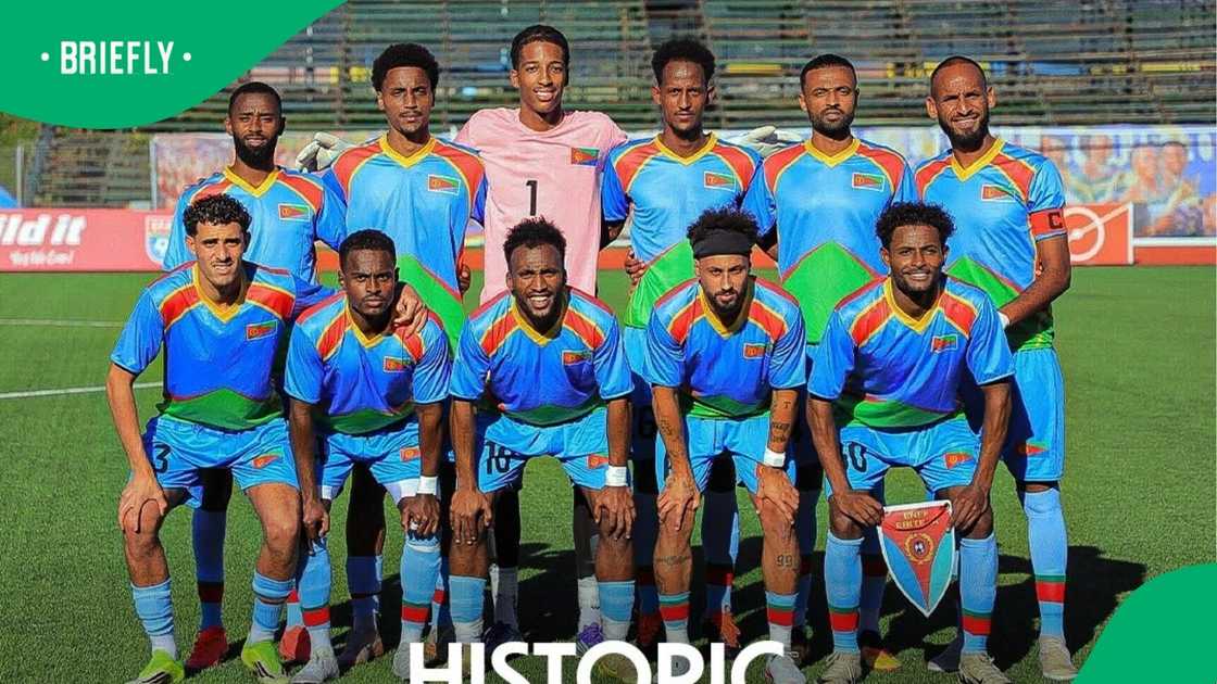 Eritrea national football team pose for a pre-match photo before their AFCON qualifying match against Eswatini during their return to international competition. Eritrea national football team pose for a pre-match photo before their AFCON qualifying match against Eswatini during their return to international competition.