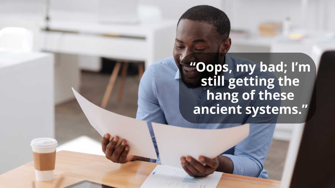 An accountant talking jokingly as he handles papers