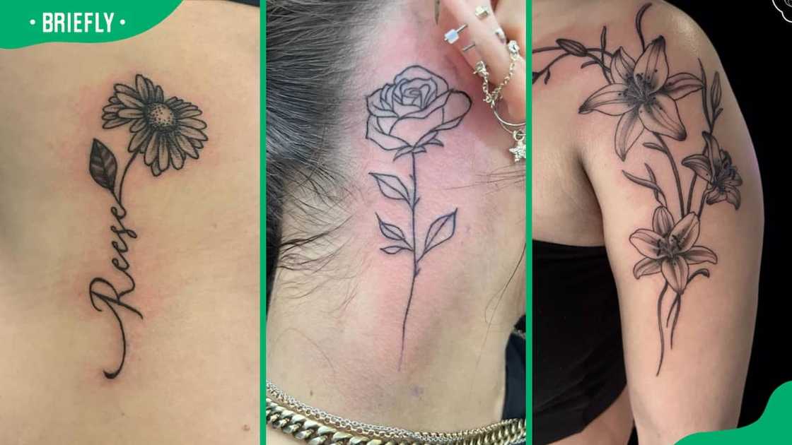 Flower name (L), outline (C) and lily flower tattoos (R) Flower name (L), outline (C) and lily flower tattoos (R)