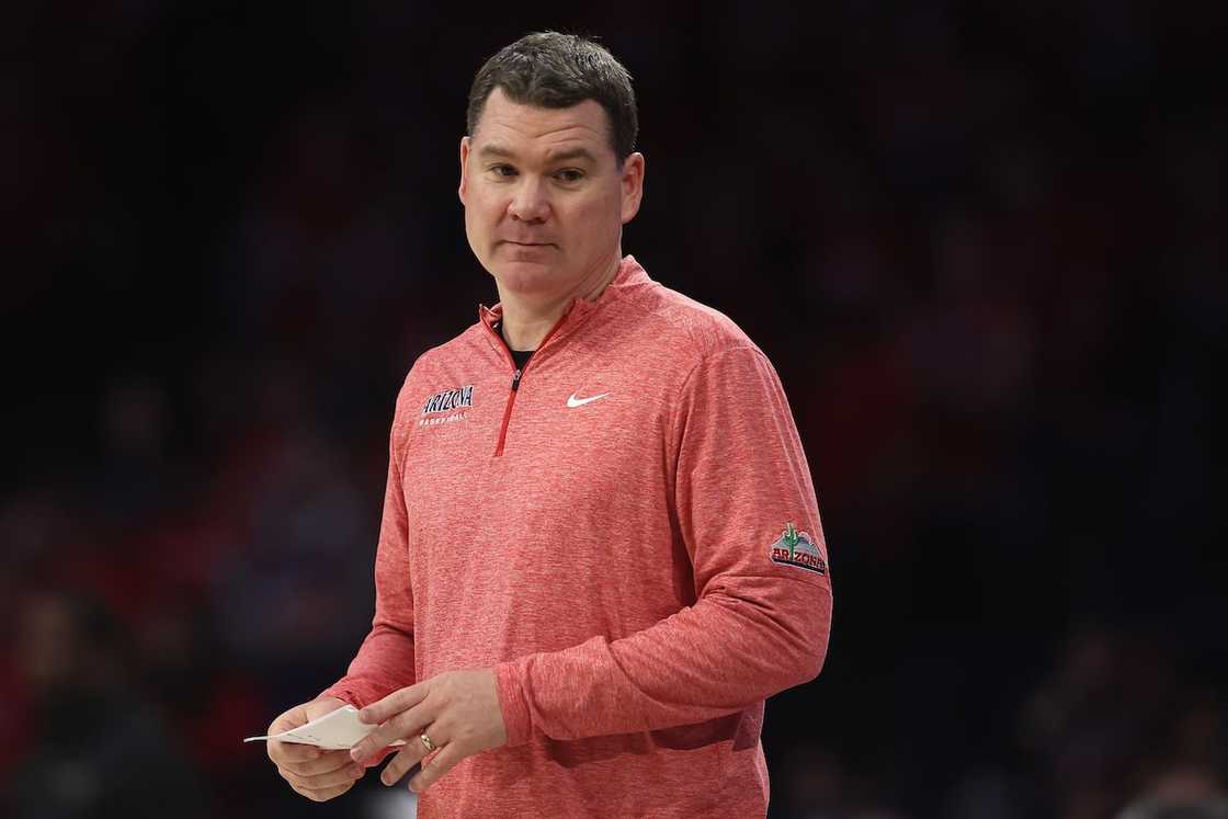 Tommy Lloyd of the Arizona Wildcats reacts during the second half of the NCAAB game Tommy Lloyd of the Arizona Wildcats reacts during the second half of the NCAAB game
