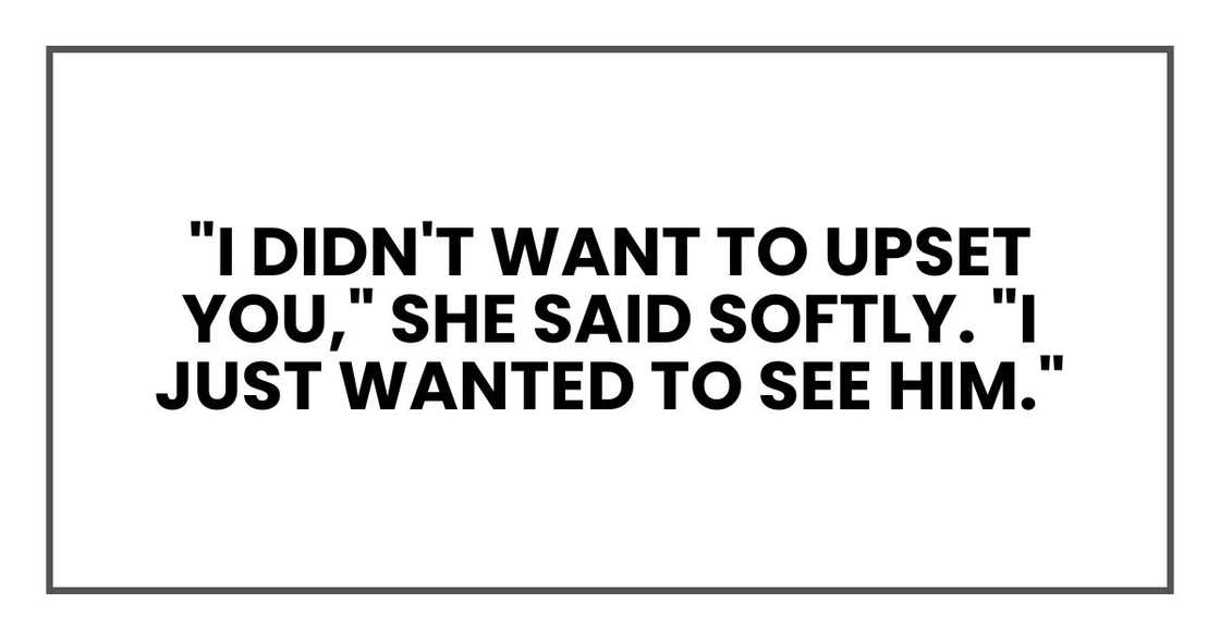 "I didn't want to upset you," she said softly. "I just wanted to see him." "I didn't want to upset you," she said softly. "I just wanted to see him."