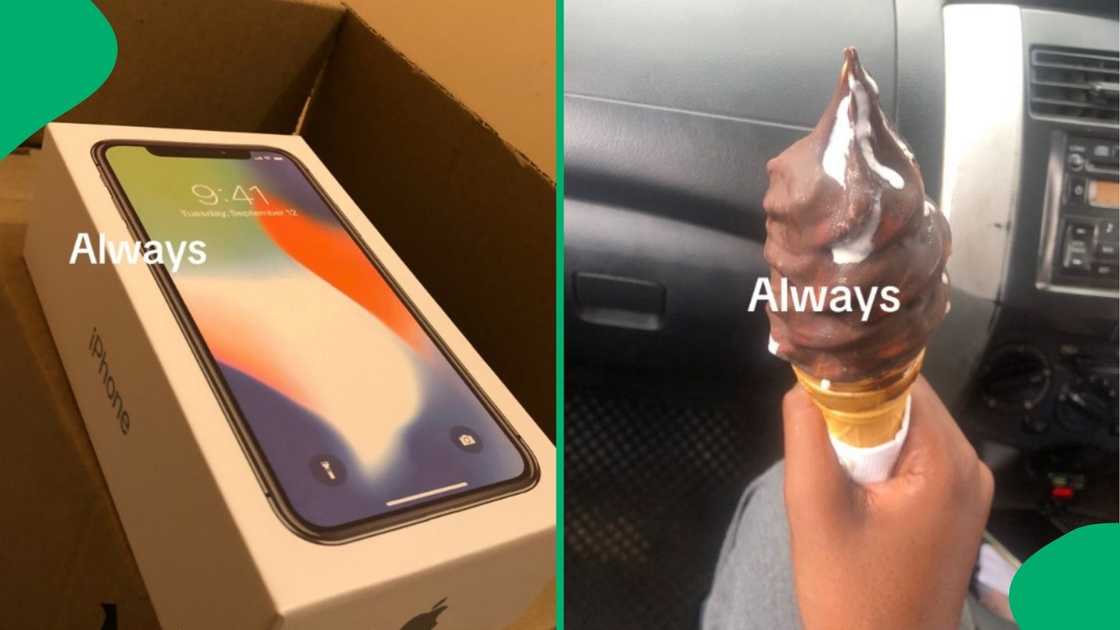 A boy showed people that his mother bought him an iPhone and an ice cream. A boy showed people that his mother bought him an iPhone and an ice cream.