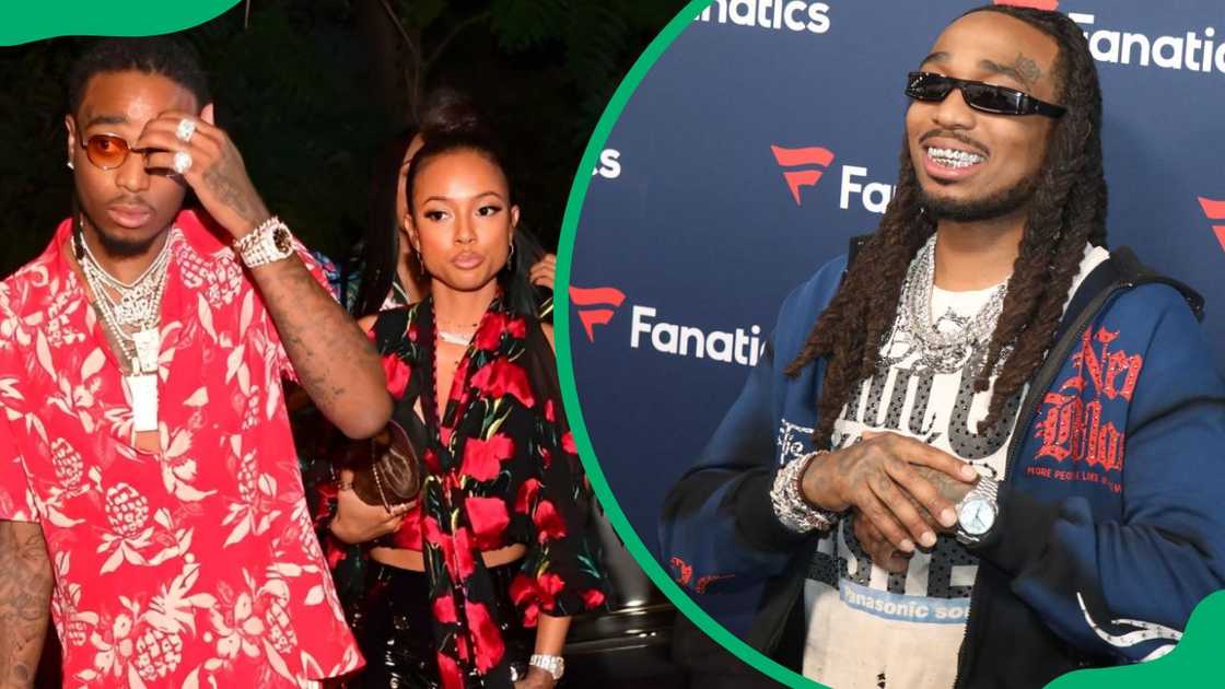 Karrueche Tran and Quavo during a 2017 birthday after-party (L). Quavo at the 2025 Fanatics Super Bowl Party (R)