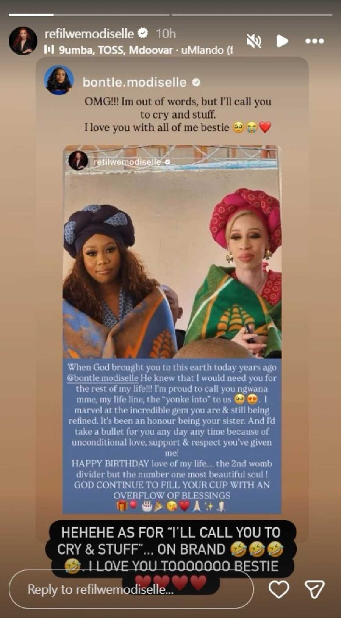 Bontle Modiselle reacts to Refiliwe Modiselle's touching birthday tribute