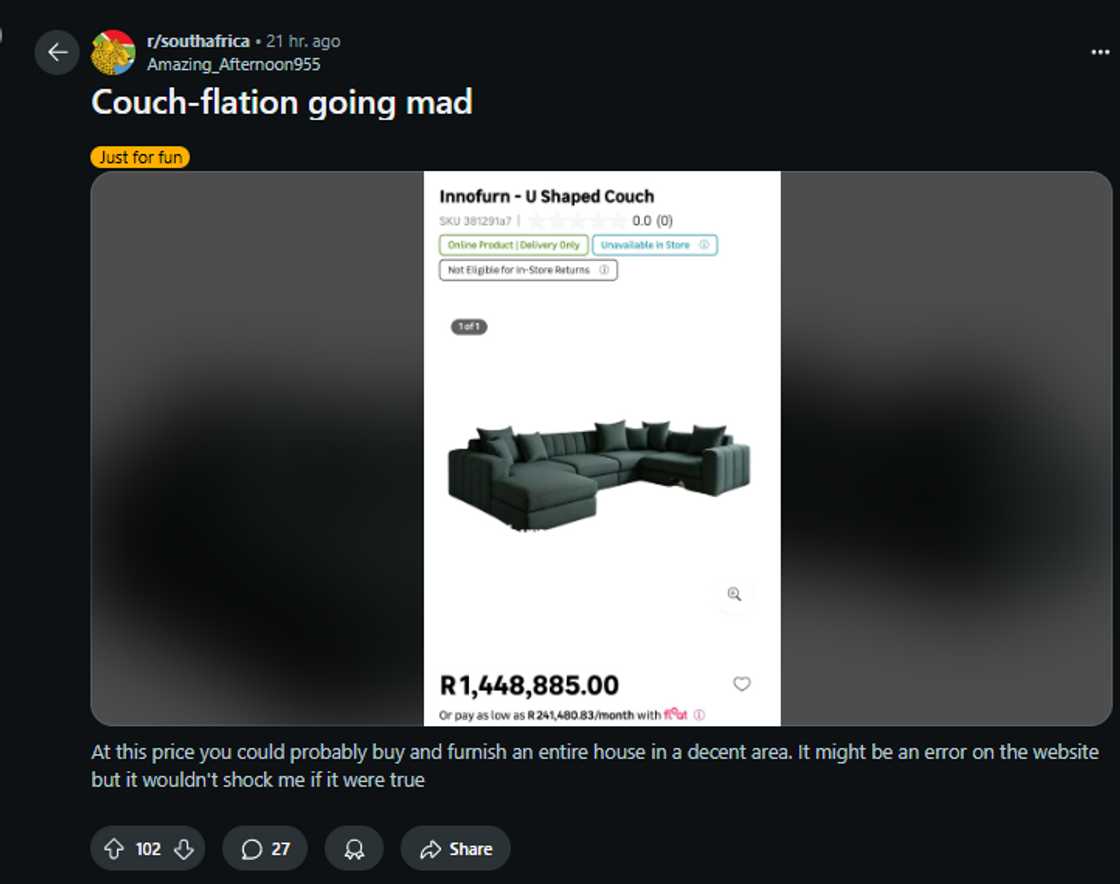 South Africans found themselves astonished by an online listing for an ordinary-looking couch that carried a price tag exceeding R1 million and included an equally perplexing monthly payment plan